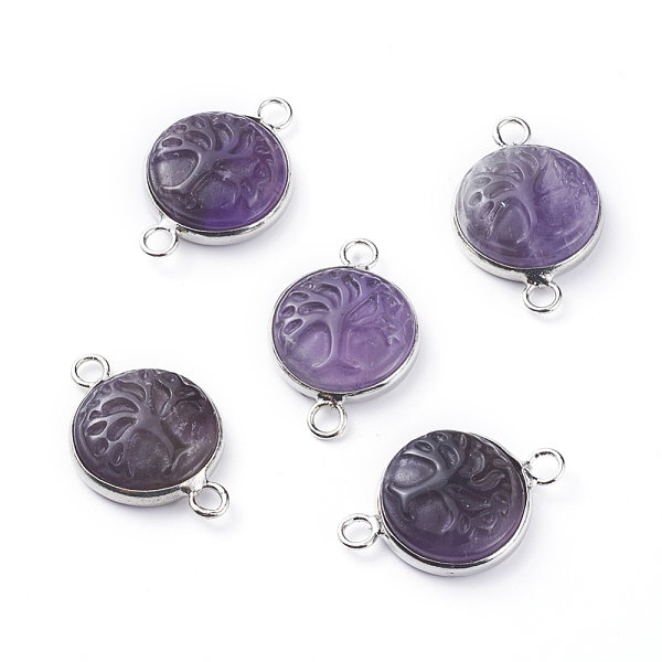 

PandaHall Natural Amethyst Links connectors, with Platinum Tone Brass Cabochon Connector Settings, Flat Round with Tree, 23~24x15~16x5~6mm...