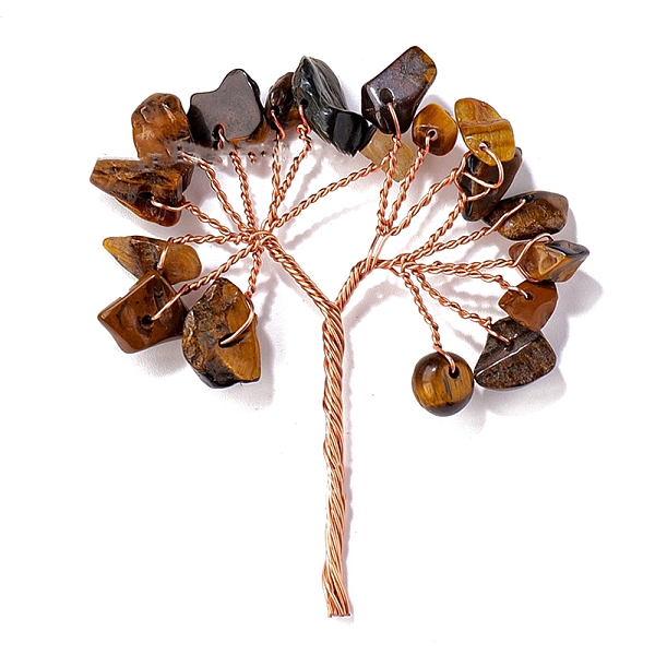 

PandaHall Natural Tiger Eye Chips Tree Decorations, Copper Wire Feng Shui Energy Stone Gift for Home Office Desktop, 50~55mm Tiger Eye Tree