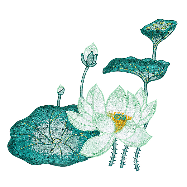 蓮の花と蓮の花のさやの模様 ポリエステル生地 コンピュータ化された刺繍布 縫い付けアップリケ