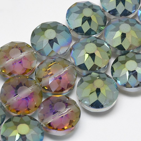 

PandaHall Electroplate Glass Beads Strands, Frosted, Rainbow Plated, Faceted, Flat Round, Medium Sea Green, 12x8~9mm, Hole: 1mm, about...