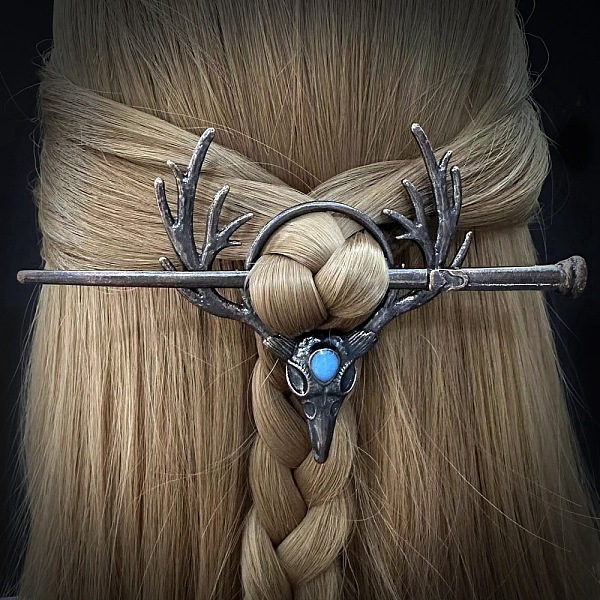 

PandaHall Vintage Moonstone Hair Sticks for Women, Gothic Retro Viking Alloy Hair Sticks, Deer, 90x83mm Alloy Deer
