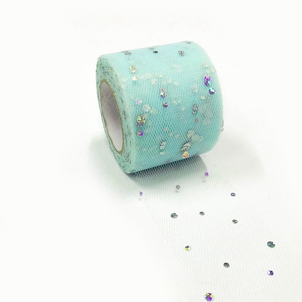 

PandaHall Glitter Sequin Deco Mesh Ribbons, Tulle Fabric, Tulle Roll Spool Fabric For Skirt Making, Pale Turquoise, 2 inch(5cm), about..., Cyan