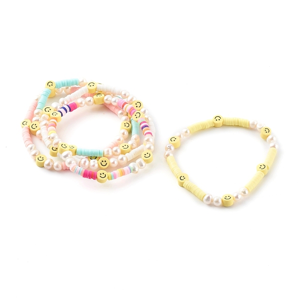 

PandaHall Handmade Polymer Clay Heishi Beaded Stretch Bracelets, with Natural Pearl Beads, Smiling Face, Mixed Color, Inner Diameter: 2-1/8..., Multicolor