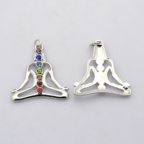 

PandaHall Yoga Jewelry Colorful Human Brass Glass Rhinestone Chakra Pendants, Platinum, 36x33x3mm, Hole: 4mm Brass+Rhinestone Human