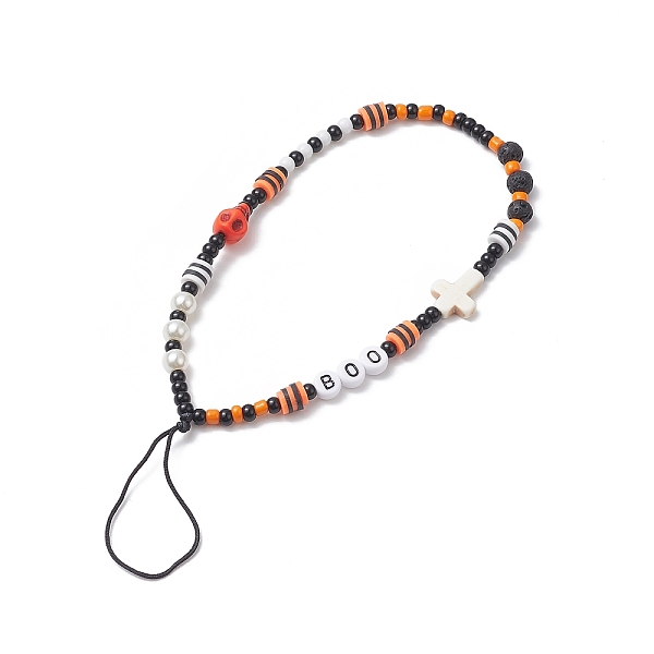 PandaHall Halloween Glass Beaded Mobile Straps, with Synthetic Turquoise & Lava Rock Beads, Nylon Thread Anti-Lost Mobile Accessories...
