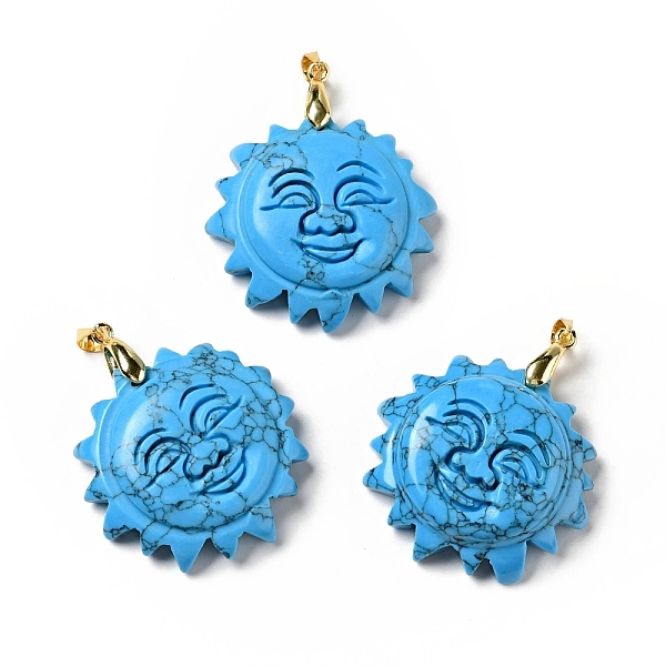 

PandaHall Synthetic Turquoise Pendants, with Golden Tone Brass Findings, Lead Free & Cadmium Free, Sun with Smiling Face, 42x34~35x10.5mm...
