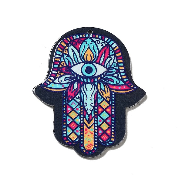 

PandaHall Opaque Acrylic Pendants, Hamsa Hand/Hand of Miriam Charm, Evil Eye Pattern, 52.5x43.5x2mm, Hole: 1.6mm Acrylic Evil Eye