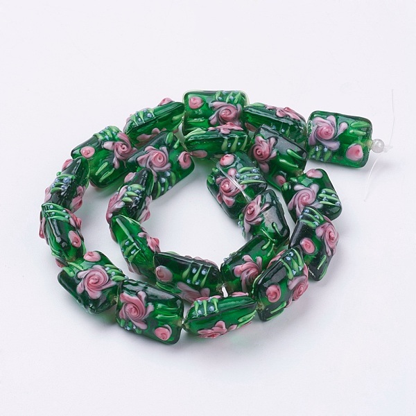 

PandaHall Handmade Bumpy Lampwork Beads Strands, Rectangle with Flower, Dark Green, 17.5~18x14x11~13mm, Hole: 2mm Lampwork Rectangle Green