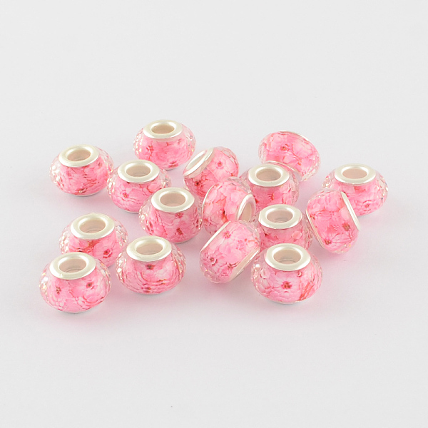 

PandaHall Large Hole Printed Resin European Beads, with Silver Color Plated Brass Double Cores, Faceted Rondelle, Pearl Pink, 14x9mm, Hole...