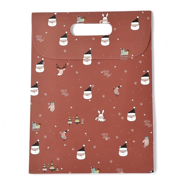 PandaHall Christmas Themed Pattern Rectangle Kraft Paper Flip Bags, with Handle, Gift Bags, Shopping Bags, Indian Red, 24x10.5x32cm Paper