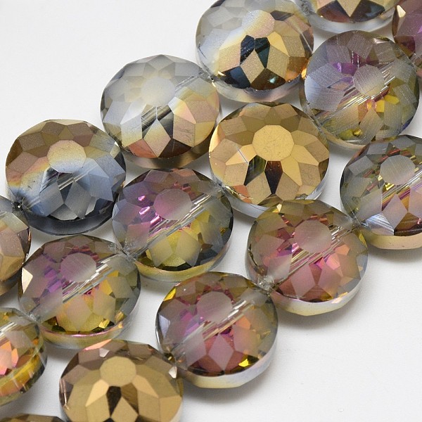 

PandaHall Electroplate Glass Beads Strands, Frosted, Rainbow Plated, Faceted, Flat Round, Dark Gray, 14x8~10mm, Hole: 1.5mm, about...