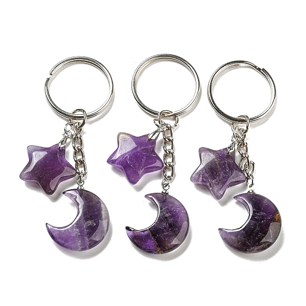 

PandaHall Reiki Natural Amethyst Moon & Star Pendant Keychains, with Iron Keychain Rings, 7.8cm Amethyst Moon