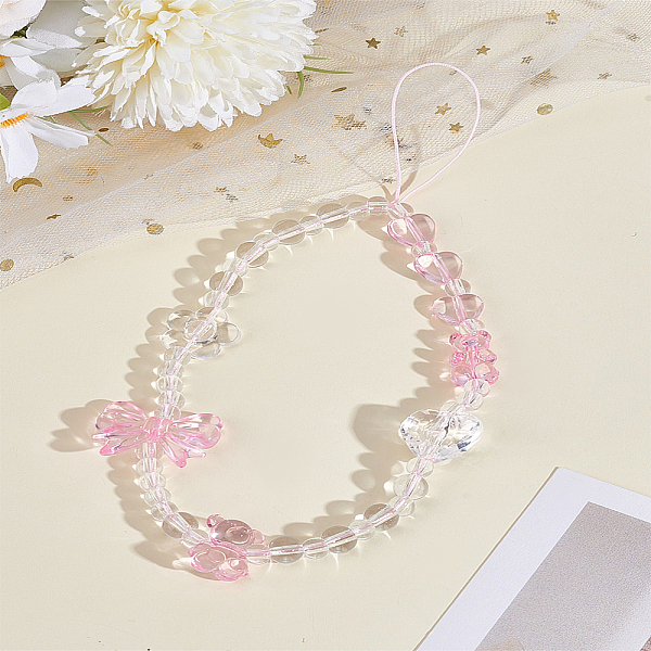 女性用ハート＆蝶結びアクリル携帯ストラップ1個