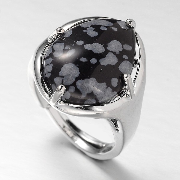 

PandaHall Teardrop Platinum Tone Brass Gemstone Adjustable Wide Band Rings, Snowflake Obsidian, 18mm, Tray: 20x17mm Snowflake Obsidian