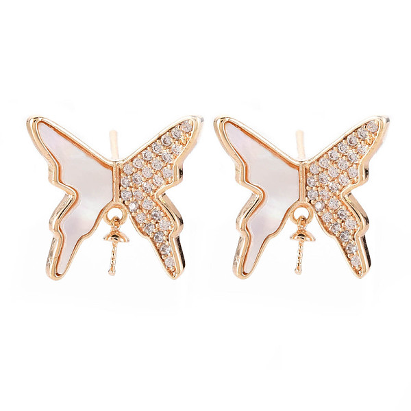 PandaHall Brass Micro Pave Clear Cubic Zirconia Dangle Stud Earrings Findings, with Natural Shell, for Half Drilled Bead, Nickel Free...