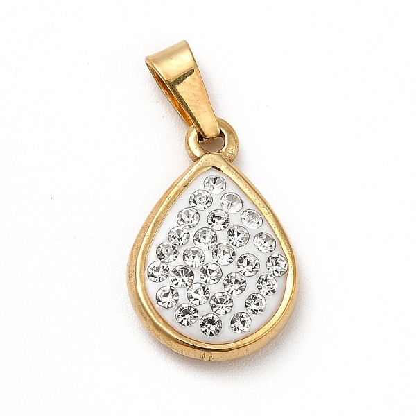 

PandaHall Polymer Clay Rhinestone Pendant, with Vacuum Plating 201 Stainless Steel, Teardrop, Golden, 17x12x4mm, Hole: 5x2.5mm Stainless..., White