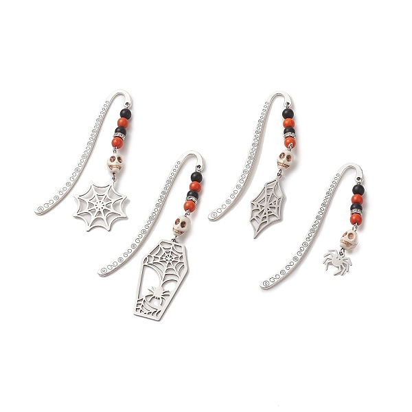 

PandaHall Halloween Theme Coffin Spider Web Alloy Hook Bookmarks, with Synthetic Black Stone & Turquoise, 201 Stainless Steel Pendants...