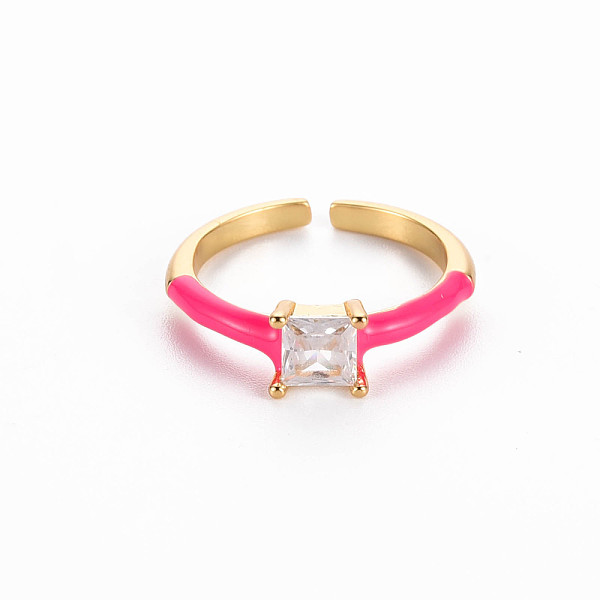 

PandaHall Brass Enamel Cuff Rings, Open Rings, Solitaire Rings, with Clear Cubic Zirconia, Nickel Free, Square, Golden, Deep Pink, US Size 7...