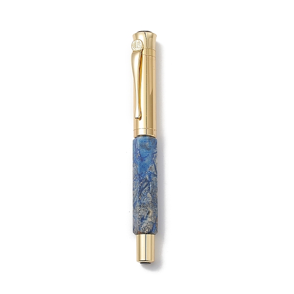

PandaHall Dyed Natural Pyrite Brass Pens, Reiki Energy Fountain Pen, with Pen Case, Office & School Supplies, 142x19x14mm Pyrite