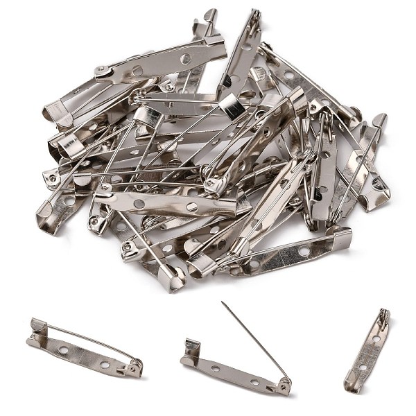 

PandaHall Iron Brooch Findings, Back Bar Pins, with Two Holes, Platinum, 32x6mm, Hole: 2mm, Pin: 1mm Iron