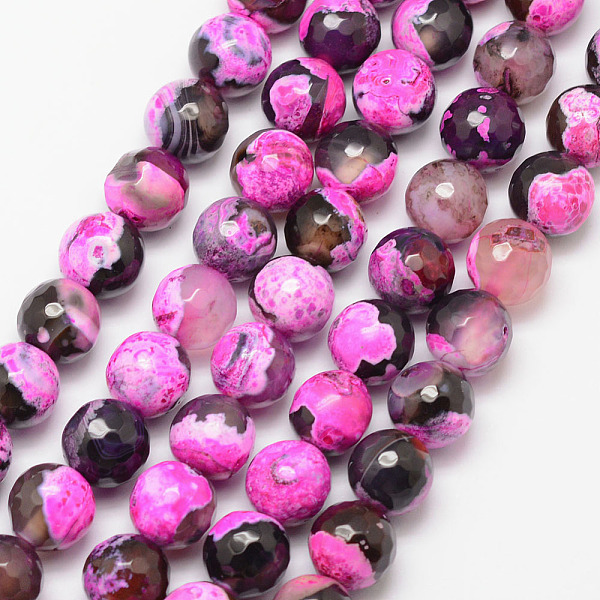 PandaHall Natural Fire Crackle Agate Bead Strands, Round, Grade A, Faceted, Dyed & Heated, Deep Pink, 10mm, Hole: 1mm, about 37pcs/strand...