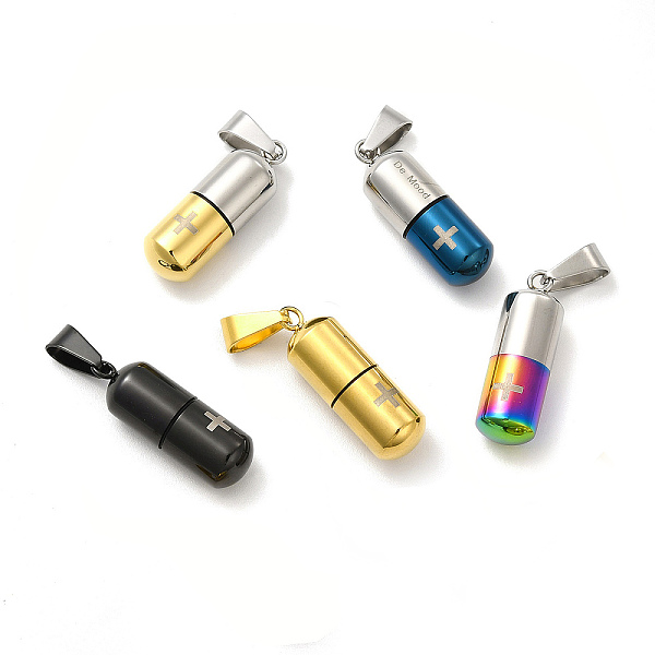 

PandaHall Ion Plating(IP) 304 Stainless Steel Openable Capsule Pill Box Pendants, Medical Cross Pill Container Charms with Snap on Bails for...