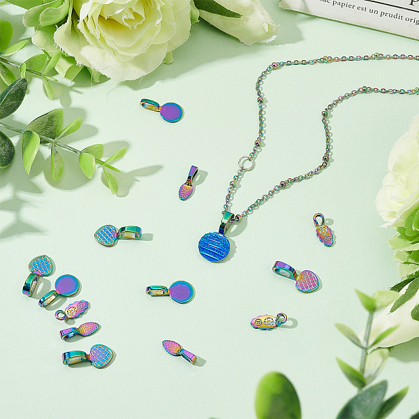 

PandaHall SUPERFINDINGS 40Pcs 4 Styles Rainbow Color Alloy Glue-on Flat Pad Bails Pendants Charms Connector Gradient Color Teardrop Heart...