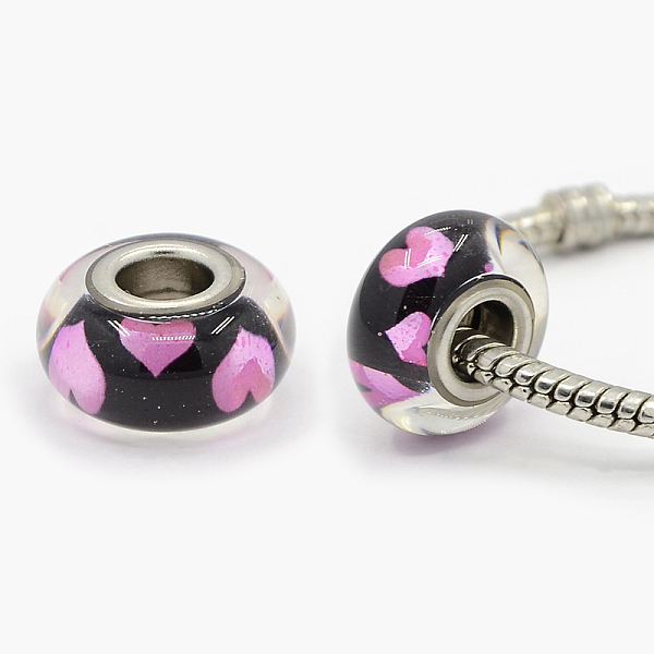 

PandaHall Grade A Polymer Clay Enamel European Beads, Large Hole Rondelle with Heart Beads, with Platinum Plated Brass Double Cores, Pink...