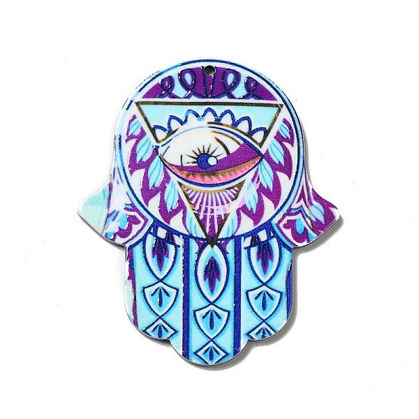 

PandaHall Opaque Acrylic Pendants, Hamsa Hand/Hand of Miriam Charm, Evil Eye Pattern, 52.5x43.5x2mm, Hole: 1.6mm Acrylic Evil Eye