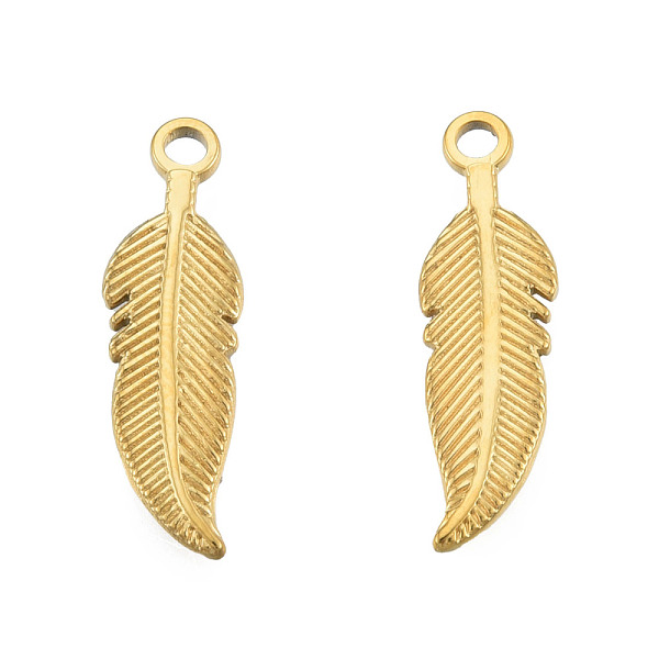 

PandaHall Ion Plating(IP) 201 Stainless Steel Pendants, Feather, Real 18K Gold Plated, 21.5x18x1.5mm, Hole: 2mm 201 Stainless Steel Feather