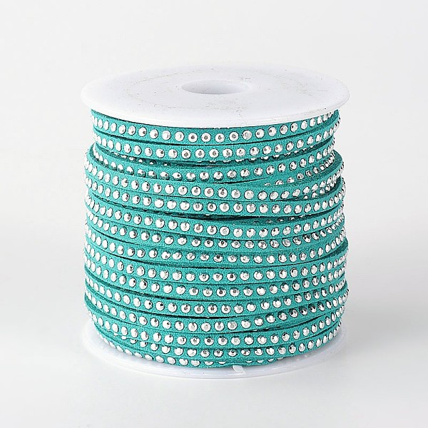

PandaHall Rivet Faux Suede Cord, Faux Suede Lace, with Aluminum, Dark Turquoise, 3x2mm, about 20yards/roll Faux Suede+Rivet Cyan