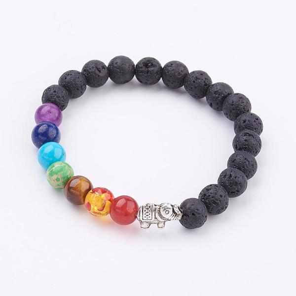 

PandaHall Natural Lava Rock Stretch Bracelets, Chakra Bracelets, with Alloy Findings and Gemstone Beads, Antique Silver, Round and Elephant...