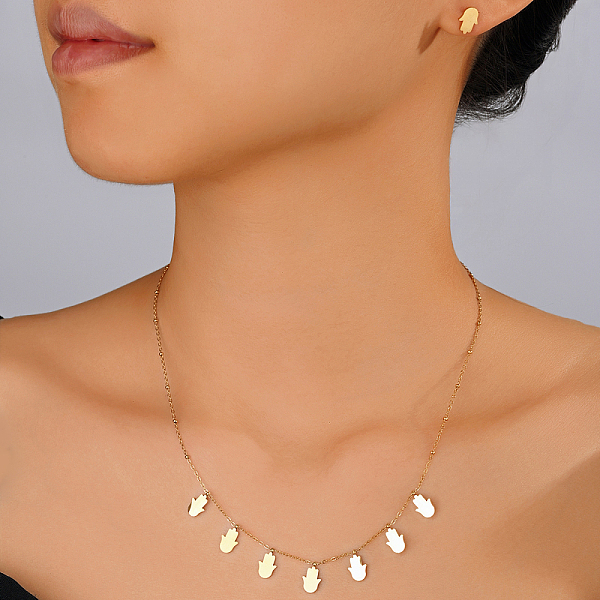 Conjunto De Collar Y Aretes Con Colgante De Mano De Hamsa De Acero Inoxidable Chapado En Oro De 18k A La Moda Para Mujer