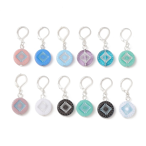 

PandaHall Opaque Acrylic Charms Locking Stitch Makers, with Brass Leverback Earring Findings, Flat Round with Rhombus, Mixed Color, 38.5mm..., Multicolor