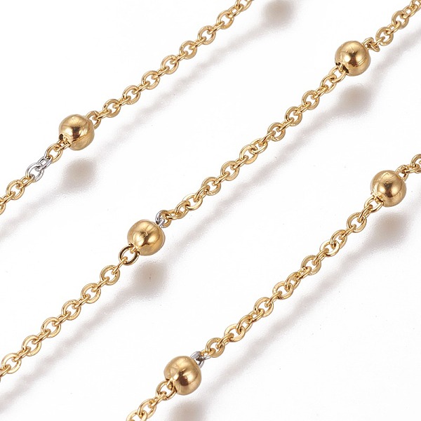 

PandaHall 304 Stainless Steel Cable Chains, Satellite Chains, with Round Beads, Soldered, with Spool, Flat Oval, Golden, 2.5mm, Link...