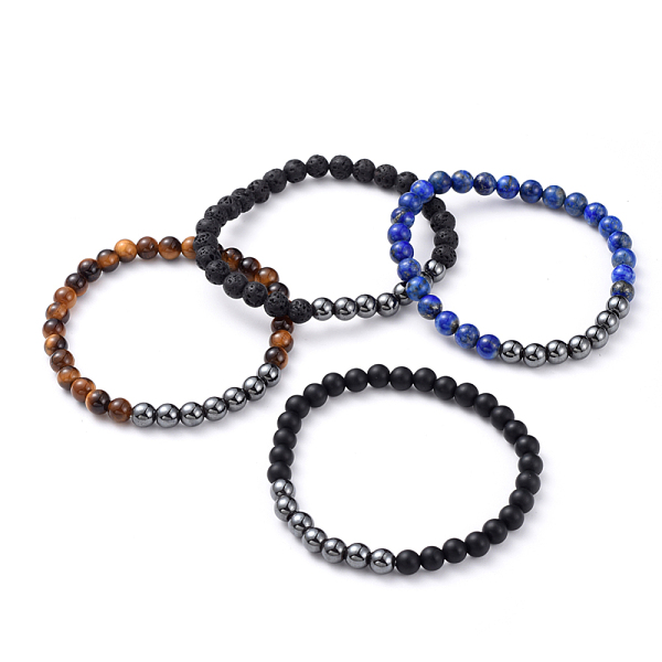 

PandaHall Unisex Natural Gemstone Stretch Bracelets, with Non-Magnetic Synthetic Hematite Beads, Round, 2-1/4 inch(5.85cm) Mixed Stone