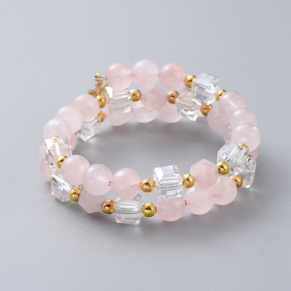 

PandaHall Two Loops Fashion Wrap Bracelets, with Natural Rose Quartz Beads, Cube Glass Beads, Lotus Flower 304 Stainless Steel Charms and...