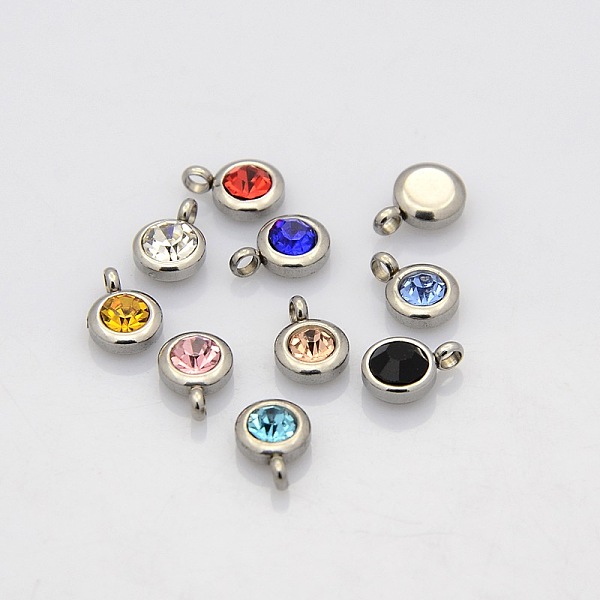 

PandaHall Trendy Original Color 304 Stainless Steel Faceted Grade A Rhinestone Flat Round Charms Pendants, Birthstone Charms, Stainless..., Multicolor