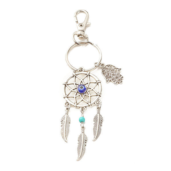 

PandaHall Tibetan Style Alloy Pendant Keychain, with Synthetic Turquoise Beads & Handmade Evil Eye Lampwork Beads and Alloy & Iron Findings..., Blue