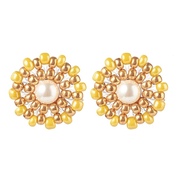 

PandaHall Shell Pearl & Glass Seed Braided Flower Stud Earrings, Golden 304 Stainless Steel Wire Wrap Jewelry for Women, Yellow, 19mm, Pin...