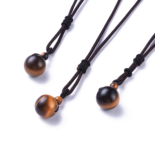 

PandaHall Natural Tiger Eye Pendant Necklaces, with Nylon Cord, Round, 27.55 inch(70cm) Tiger Eye Brown