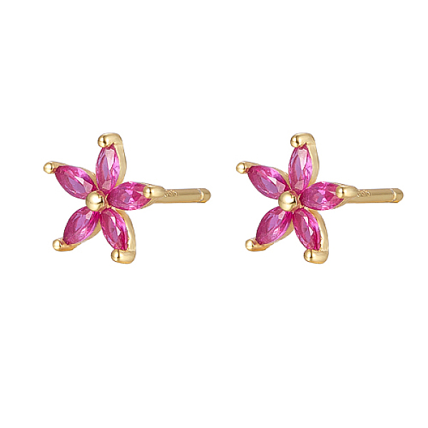 

PandaHall Cubic Zirconia Flower Stud Earrings, Golden 925 Sterling Silver Post Earrings, Fuchsia, 7.2mm Cubic Zirconia Flower Pink