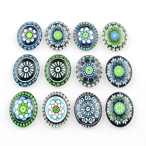 

PandaHall Geometric Flower Pattern Glass Oval Flatback Cabochons for DIY Projects, Mixed Color, 35x25x6.5mm Glass Oval Multicolor