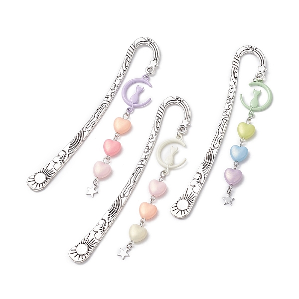 

PandaHall Acrylic Heart Bookmark, Tibetan Style Alloy Hook Bookmarks, Moon with Cat Pendant Bookmark, Mixed Color, 123mm Acrylic Multicolor