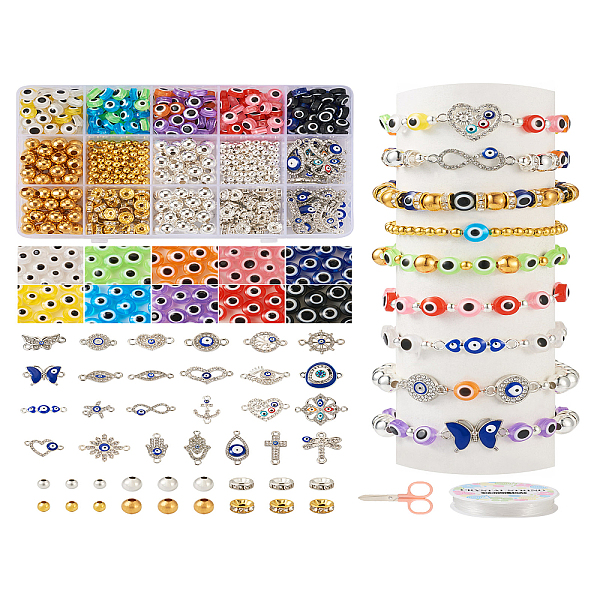 

PandaHall DIY Evil Eye Bracelet Making Kit, Including Cross & Heart & Helm & Infinity & Starfish Alloy Links, Resin Flat Round Beads..., Multicolor