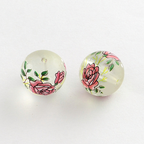 

PandaHall Flower Picture Frosted Transparent Glass Round Beads, Pale Violet Red, 14x13mm, Hole: 1.5mm Glass Round Pink