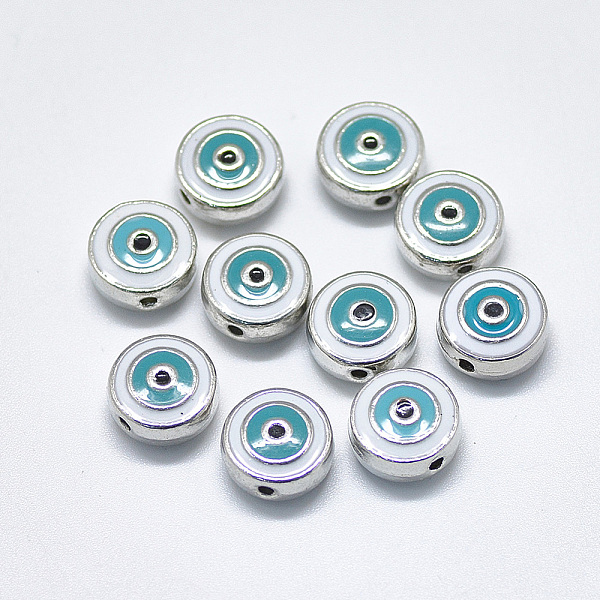 

PandaHall Alloy Enamel Beads, Flat Round with Eye, Platinum, Dark Cyan, 10x5mm, Hole: 1.2mm Alloy+Enamel Flat Round