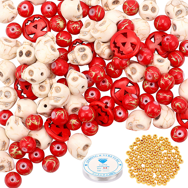 

PandaHall About 210 Pcs Halloween Jewelry Making Kit, Skull Beads Synthetic Turquoise Pumpkin Beads Red Glass Beads with Plastic Beads and..., Multicolor