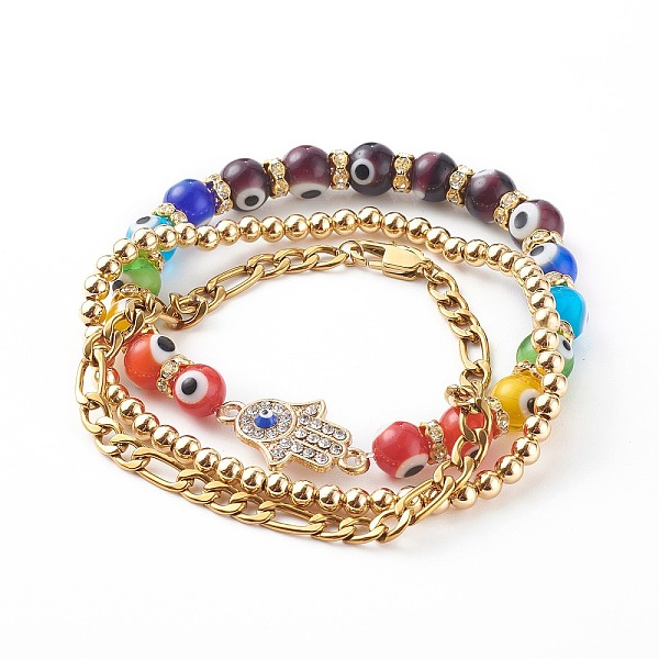 

PandaHall Chakra Stretch Bracelets & Chain Bracelets Sets, with Evil Eye Lampwork Beads, 304 Stainless Steel Figaro Chains and Brass Round...