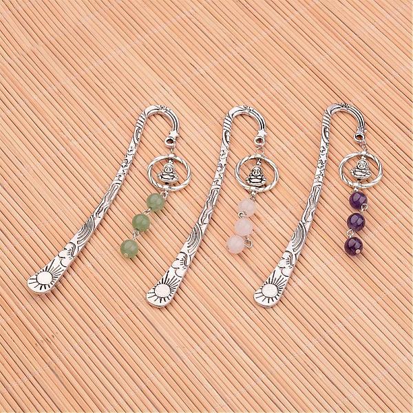 

PandaHall Antique Silver Plated Alloy Bookmarks, with Alloy Buddha Pendants and Gemstone Round Beads, 122x22x2mm Mixed Stone